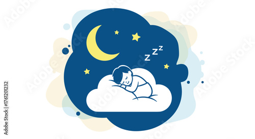 Sweet dreams baby sleeping peacefully on cloud pillow under moon and stars, evoke feelings of comfort, security and tranquility for children's products