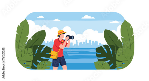 Inspiring travel destination with happy tourist taking pictures of skyline near the sea surrounded by tropical plants on a sunny day, vacation vibes
