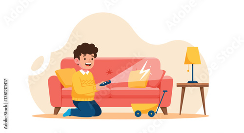 Excited young boy playing with a toy car and a remote in a cozy living room, creating a fun and imaginative playtime scene at home