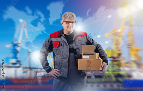 Man courier near sea port. ...