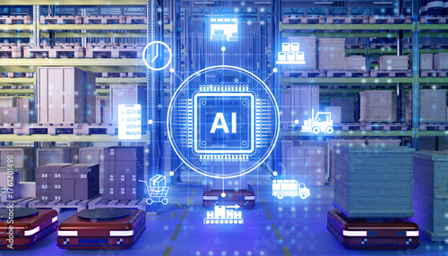 AI technologies for warehouse. Robotization of logistics processes. Artificial intelligence symbol near warehouse. AI powered robots handle fulfillment. Implementing AI in warehouse. 3d image