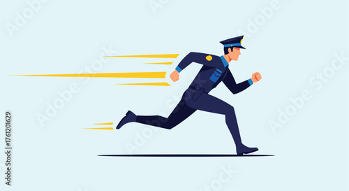 Dynamic cartoon police officer running fast with speed lines, perfect for adding action to your projects about law enforcement and urgency in a modern style