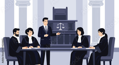 Engaging courtroom scene with lawyers, judges, and presenter delivering justice in a legal setting with scales of justice, perfect for law firms
