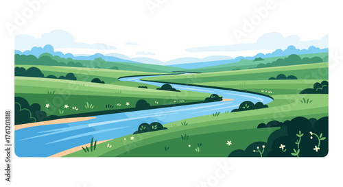 Serene river flows through a vibrant green valley, perfect for promoting nature retreats and summer adventures or adding a peaceful touch to your designs