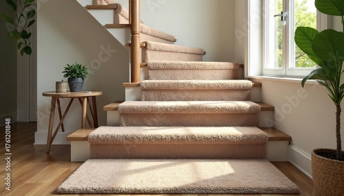 Luxurious Deep-Pile Carpet Runner Elegantly Transforms Staircase, Adding Warmth and Style to a Home Interior. Plush Texture Creates an Inviting and Elegant Atmosphere.