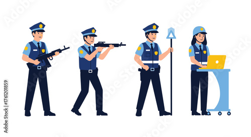 Diverse team of police officers protecting and serving with authority, including men with rifles and a woman with a laptop, showing commitment