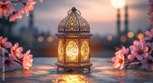 Ornate ramadan lantern with floral accents, creating a serene and peaceful ambiance