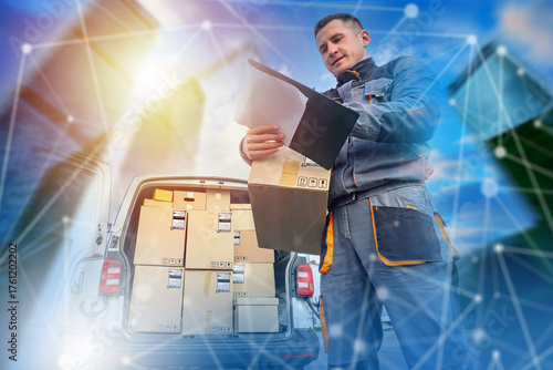 Courier checking delivery documents and packages near van full of parcels, concept of shipping, logistics and last mile delivery. Logistics, Delivery.