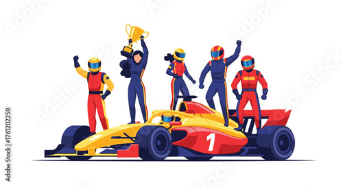 Victorious racing team celebrates championship win with trophy on winning car, embodying speed, teamwork, and high performance, ideal for racing industry promotion