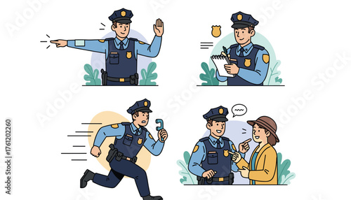 Cartoon policeman in various poses directing traffic, taking notes, chasing a suspect, and talking to a woman for public service announcements