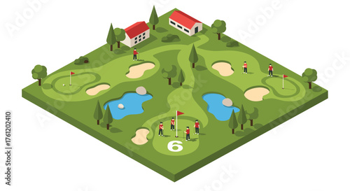 Isometric golf course design with players, sand traps, and water hazards creates a vibrant athletic scene perfect for sports or recreation concepts