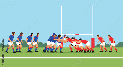 Dynamic rugby scrum action showcases teamwork and strength, perfect for sports marketing campaigns and athletic team websites, evoking passion and competitive spirit