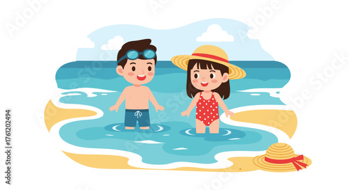 Delightful cartoon kids enjoying summertime fun at the beach with sun hats and swimwear, perfect for family vacation promotions and children's content