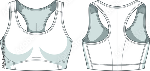 Sports bra with racerback design, front and back view, fashion flat sketch, technical garment illustration, activewear vector clothing template