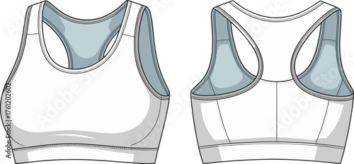 Sports bra with racerback and contrast lining, front and back view, fashion flat sketch, technical garment illustration, vector clothing design