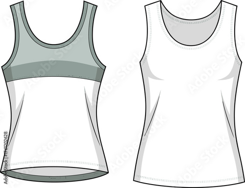 Tank top front back view, scoop neckline, sleeveless fitted top, fashion flat sketch, technical apparel illustration, flat vector illustration