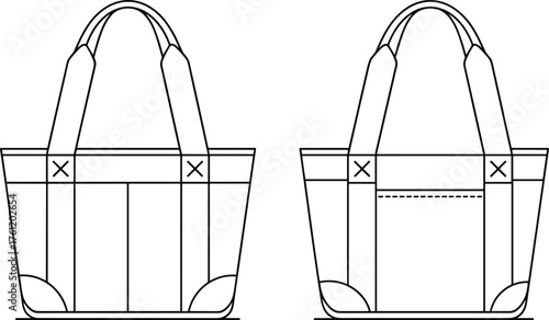 Tote bag front back view, technical fashion sketch, shoulder strap detail, patch pocket design, editable layout, isolated vector drawing