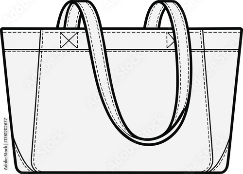 Tote bag line drawing, sewing pattern sketch, fashion accessory outline, handle stitching detail, technical illustration, flat vector illustration