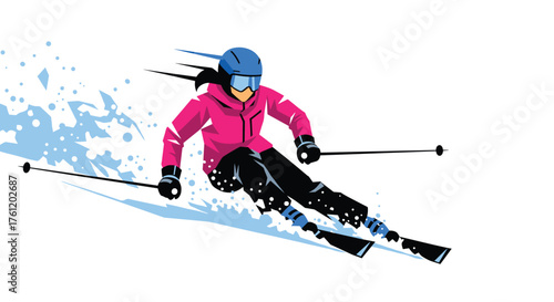 Dynamic skier carving through powder on a bright winter day, perfect for adventure and sports marketing campaigns, showcasing action and energy