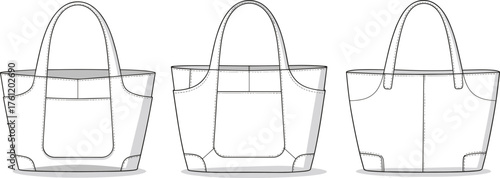 Tote bag technical sketch, front side back view, fashion accessory blueprint, structured handbag drawing, sewing pattern, flat vector illustration
