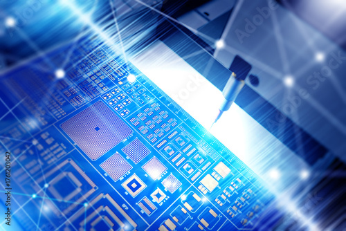 Close-up of a printed circuit board PCB design being processed or inspected by a precision machine, with a futuristic digital overlay representing technology, electronics,  semiconductor manufacturing