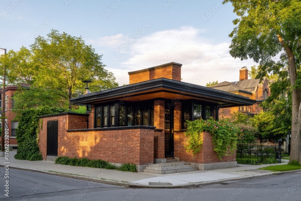 Fototapeta premium Unique modernist building design at a street corner with lush greenery and clear blue sky in the background during late afternoon light