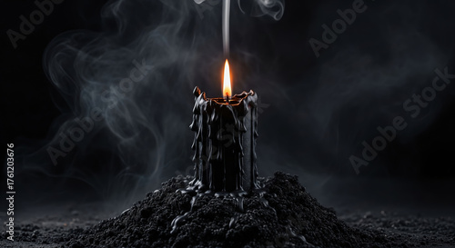 Moody black candle burning with heavy smoke on a dark background. Gothic concept of magic, ritual, or remembrance.