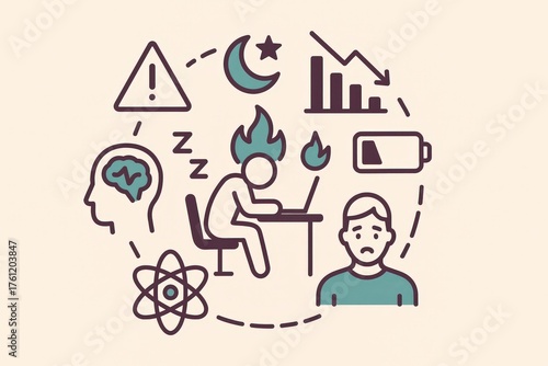 Visual representation of mental fatigue and burnout showcasing stress indicators like low energy battery graph and emotional unease while depicting struggle in modern productivity landscape