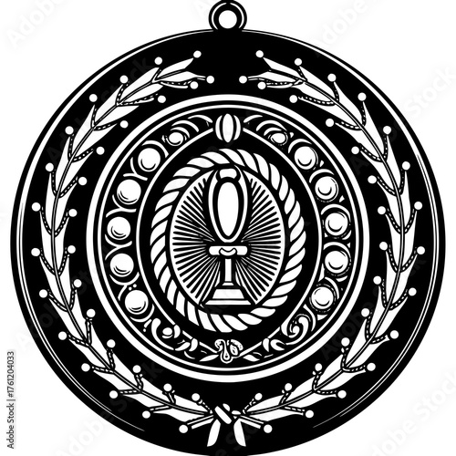 Sacred Emblem of Faith: A detailed, circular emblem featuring religious symbols, including chalice, leaves, and intricate rope details, representing a sense of reverence and spiritual contemplation.