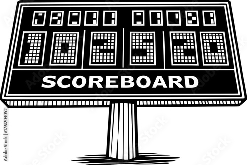 Scoreboard Display: A bold, graphic illustration showcases a stadium scoreboard, highlighting the essence of competition and scorekeeping.