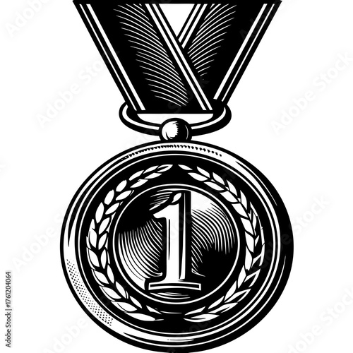 First Place Victory: A monochrome illustration of a classic medal, signifying triumph and achievement in a competition. Embodying the essence of winning, showcasing excellence and champion status.