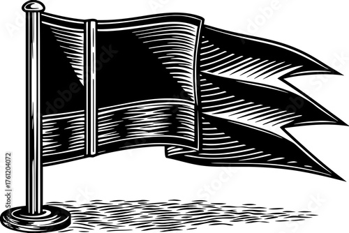 Flag Emblem: An artistic, vintage illustration of a flag, emblem in detailed etching style, waving in the wind. This black flag adds a touch of historical and symbolic depth.