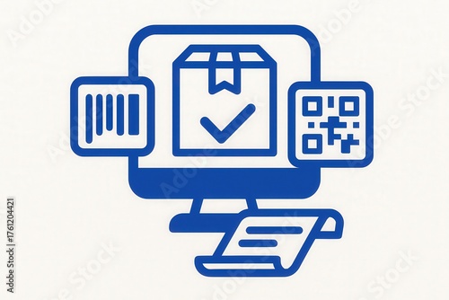 Digital process illustration showcasing a package check system with QR code scanning, barcode detection, and successful confirmation represented on a computer monitor in a modern operational
