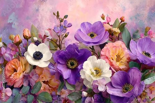 Fototapeta Naklejka Na Ścianę i Meble -  A vibrant tapestry of blooming flowers in soft pastel shades of pink purple and peach