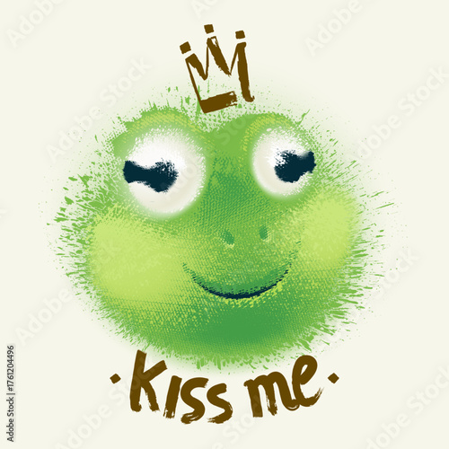 Fairytale prince frog print. Cute cartoon frog face with crown and "Kiss me" quote, fuzzy graffiti style toad mascot for t-shirt print with spray paint splatter effect