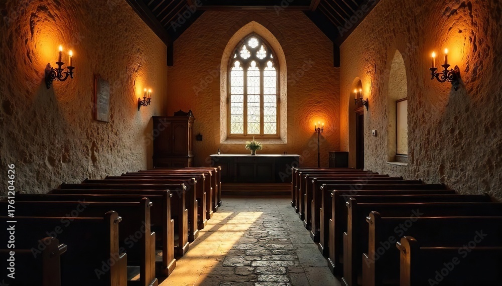 Fototapeta premium Serene Candlelight Illuminates Rustic Church Interior Peaceful Shadows on Aged Stone Walls and Wooden Pews, Evoking Spiritual Reflection
