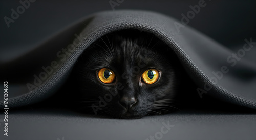 Mysterious black cat with intense yellow eyes hiding under a grey blanket.