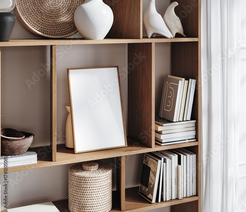 Mockup frame in Scandinavian living room interior background, 3d render