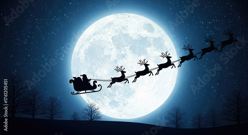 Silhouette of Santa Claus with reindeer and sleigh flying across a starry night sky in front of a full moon. Concept of Christmas magic and holiday tradition.