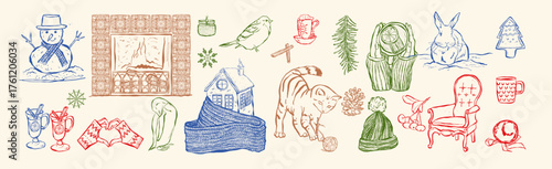 Vintage Hand Drawn Winter and Christmas Illustration Set Featuring Cozy Home Scenes, Animals, Snowy Landscapes and Holiday Symbols for Seasonal Packaging, Stationery and Editorial Design