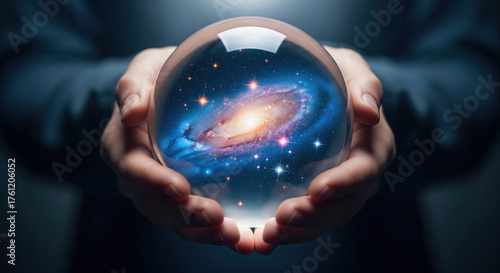 A person's hands holding a crystal ball containing a glowing galaxy and the universe. Concept of future, creation, destiny, and imagination.