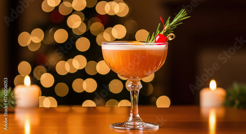 Festive Christmas cocktail in a coupe glass with a cherry and rosemary garnish. Cozy holiday background with a Christmas tree and bokeh lights.