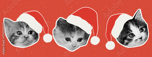 Santa's kitties with drawn hats halftone retro minimalist collage. Creative winter holidays banner for ads, promotions and decorations