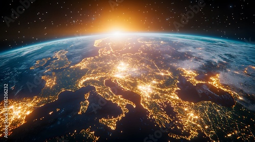 This image features a stunning view of Earth from space, showcasing the bright lights of cities at night with a sunrise on the horizon and a star filled sky above