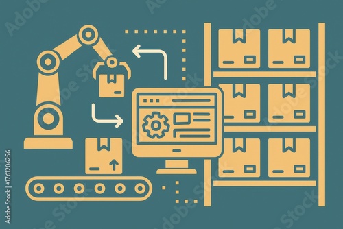 Advanced robotic automation system streamlining logistics with machine learning and inventory management displayed on a computer interface emphasizing efficiency and modernity