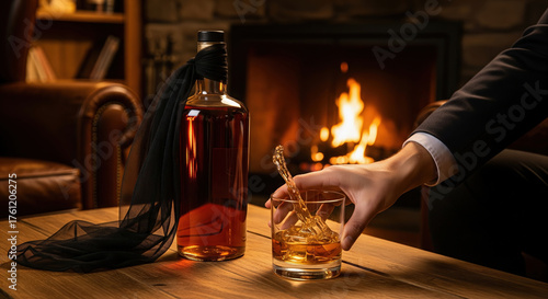 A man's hand swirling a glass of whiskey by a cozy fireplace. An evening of luxury and relaxation with a bottle of spirits.
