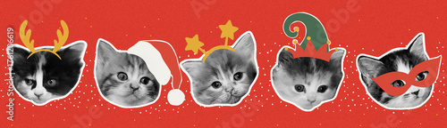 Adorable little kittens wearing Christmas party accessories cut out collage. Christmas and New year eve banner with halftone effect and naive elements