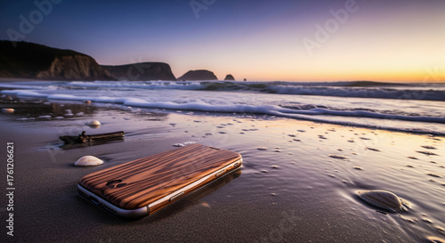 Fototapeta Naklejka Na Ścianę i Meble -  Smartphone with a wooden case lying on a wet sandy beach at sunset. Concept of travel, technology, and nature.