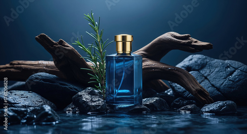 Blue cologne bottle with rosemary and driftwood on wet stones. Natural, aquatic and woody fragrance concept for men.