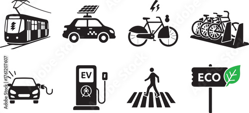 Diverse clean transportation icons for sustainable urban living and green initiatives vector